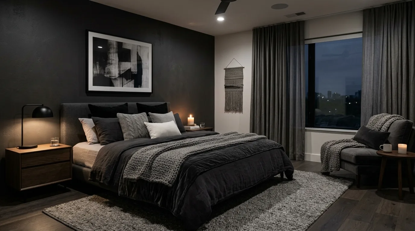 Use pattern only where it enriches the mood inspiration for a moody bedroom.